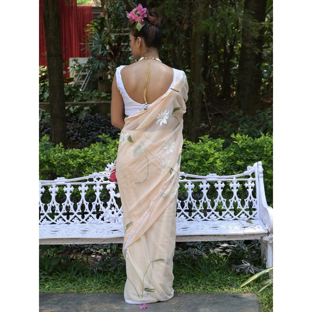 Odette Odett Peach Printed Chiffon Saree with Unstitched Blouse for Women