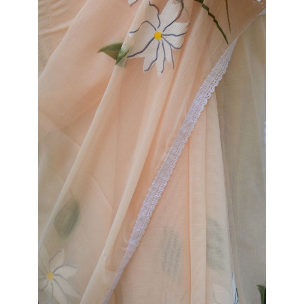 Odette Odett Peach Printed Chiffon Saree with Unstitched Blouse for Women