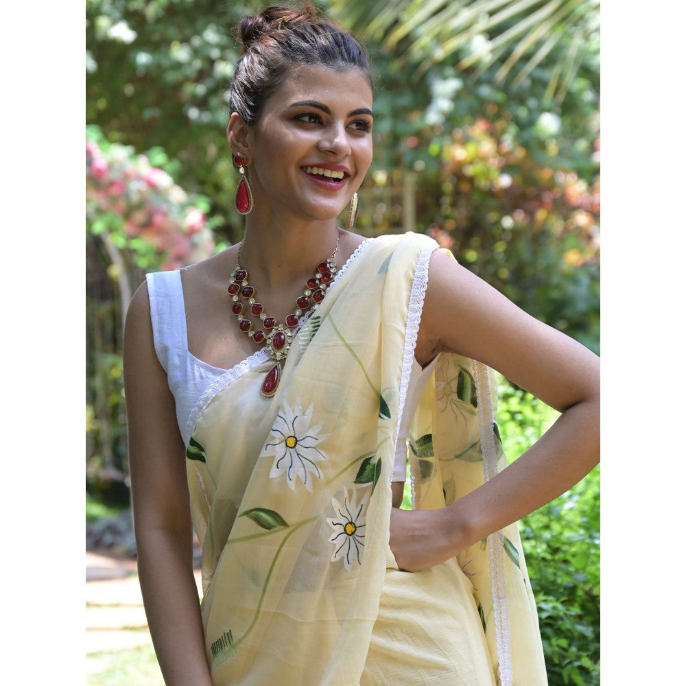 Odette Odett Beige Printed Chiffon Saree with Unstitched Blouse for Women