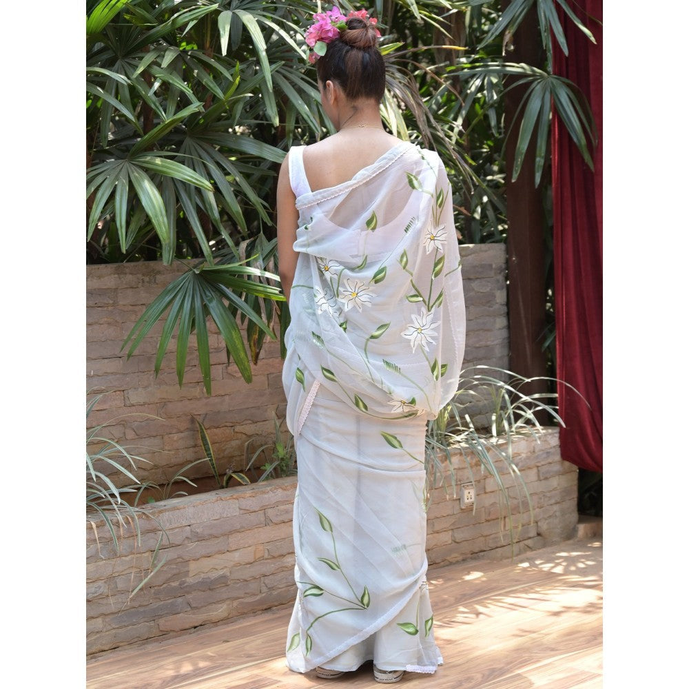 Odette Grey Printed Chiffon Saree with Unstitched Blouse for Women