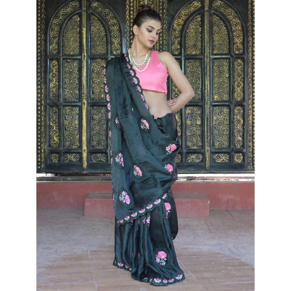 Odette Black Floral Embroidered Georgette Saree with Unstitched Blouse for Women