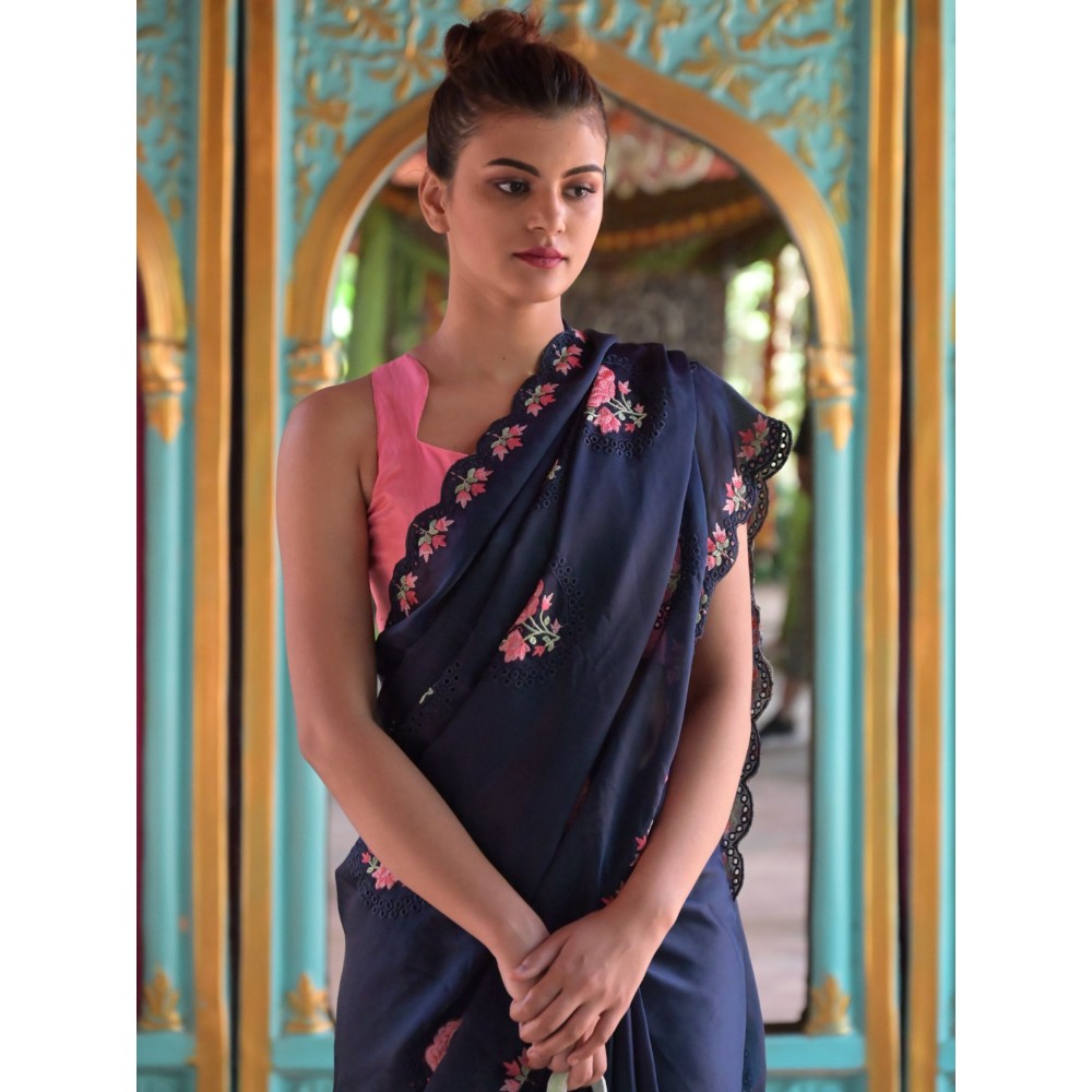 Odette Navy Blue Floral Embroidered Georgette Saree with Unstitched Blouse for Women