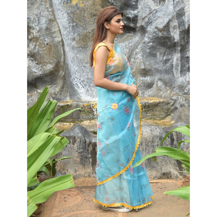 Odette Light Blue Floral Printed Organza Saree with Unstitched Blouse for Women