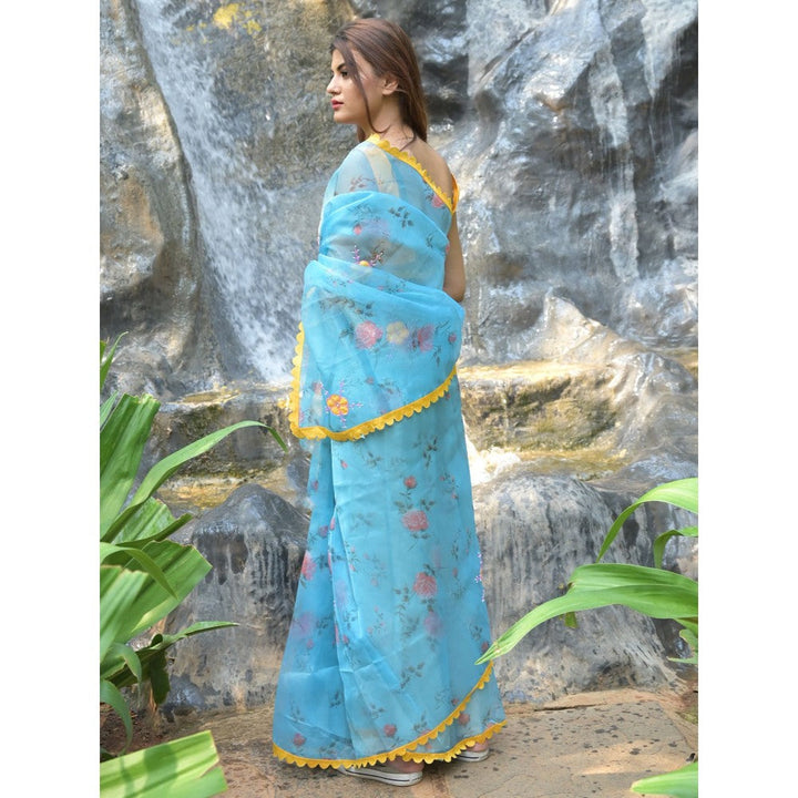 Odette Light Blue Floral Printed Organza Saree with Unstitched Blouse for Women