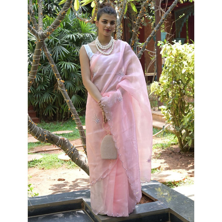 Odette Peach Beads Embroidered Khadi Organza Saree with Unstitched Blouse for Women