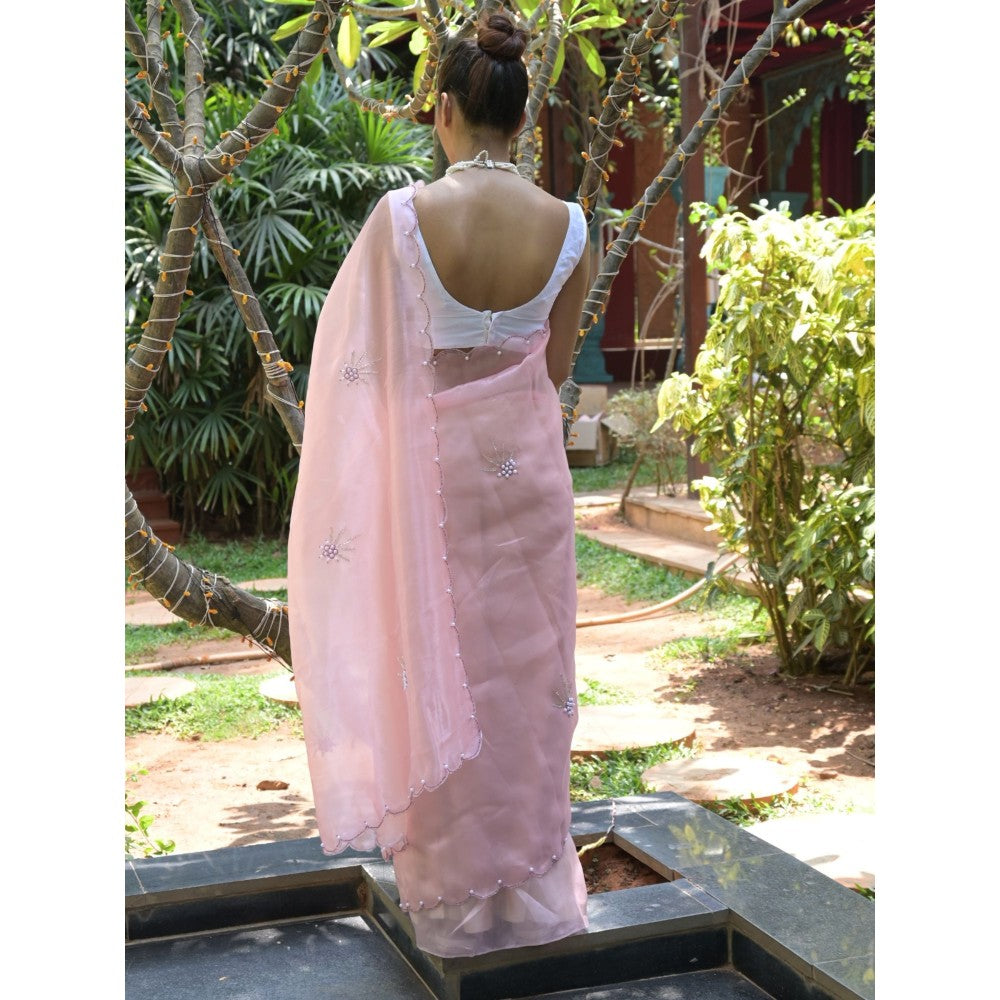 Odette Peach Beads Embroidered Khadi Organza Saree with Unstitched Blouse for Women