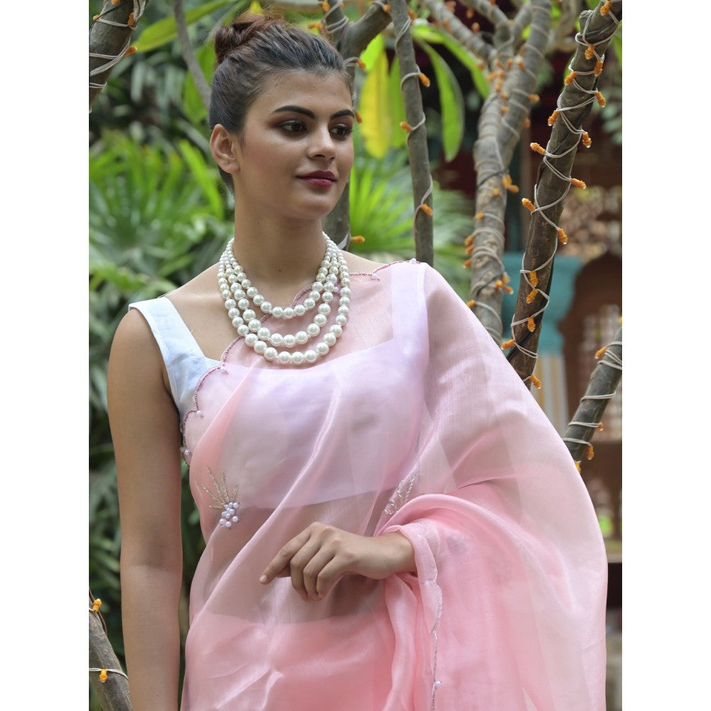 Odette Peach Beads Embroidered Khadi Organza Saree with Unstitched Blouse for Women