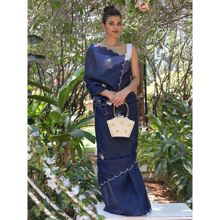 Odette Navy Blue Beads Embroidered Khadi Organza Saree with Unstitched Blouse