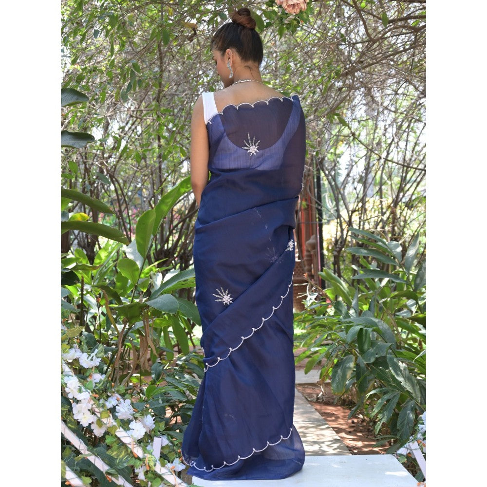 Odette Navy Blue Beads Embroidered Khadi Organza Saree with Unstitched Blouse