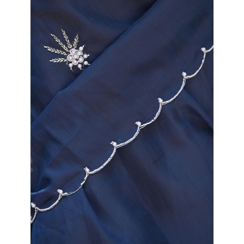 Odette Navy Blue Beads Embroidered Khadi Organza Saree with Unstitched Blouse