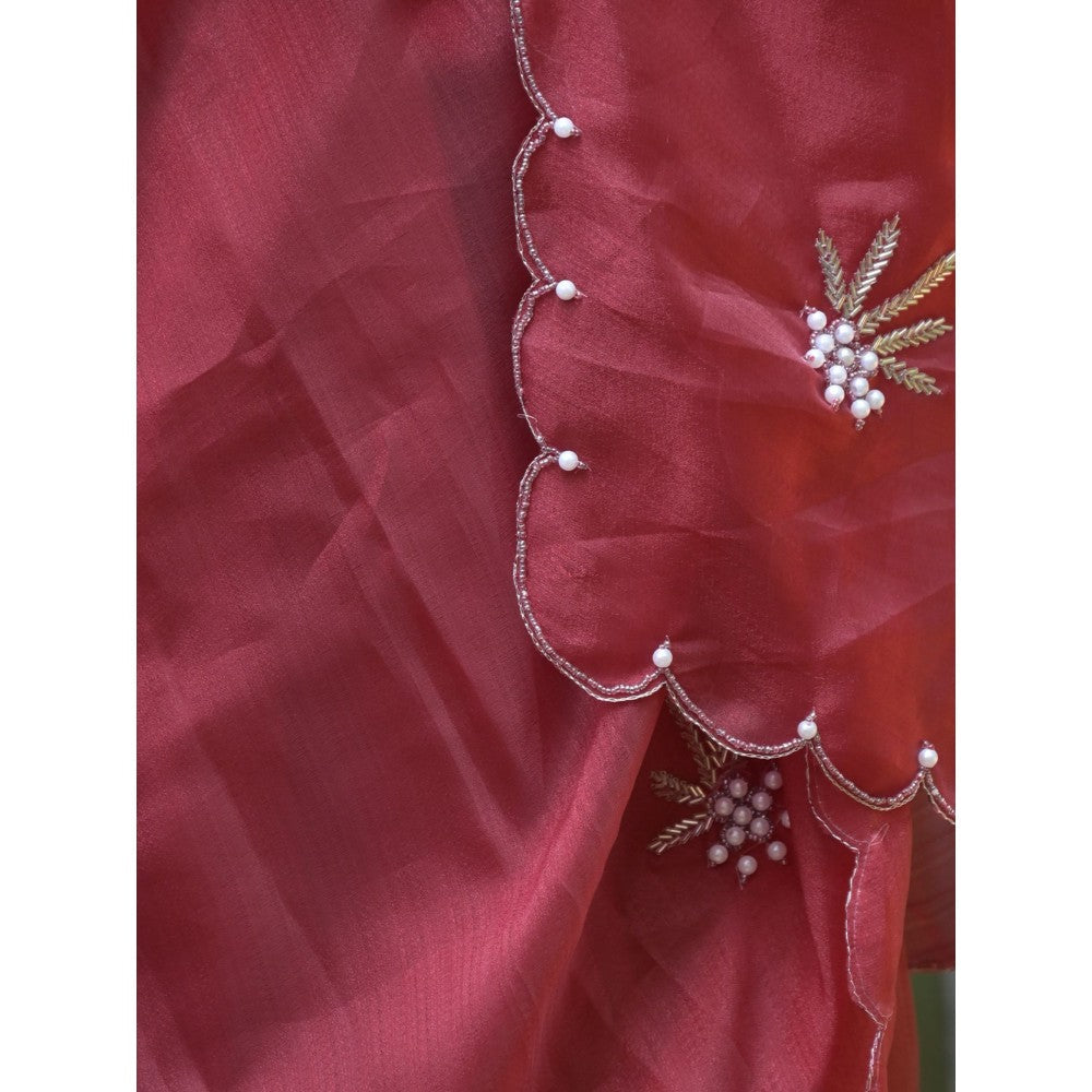 Odette Maroon Beads Embroidered Khadi Organza Saree with Unstitched Blouse for Women