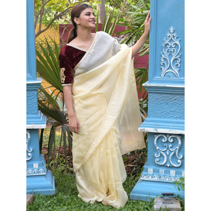 Odette Cream Lace Embroidered Crush Tissue Silk Saree with Unstitched Blouse