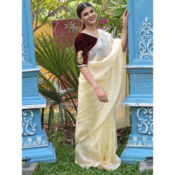 Odette Cream Lace Embroidered Crush Tissue Silk Saree with Unstitched Blouse