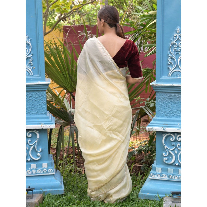 Odette Cream Lace Embroidered Crush Tissue Silk Saree with Unstitched Blouse