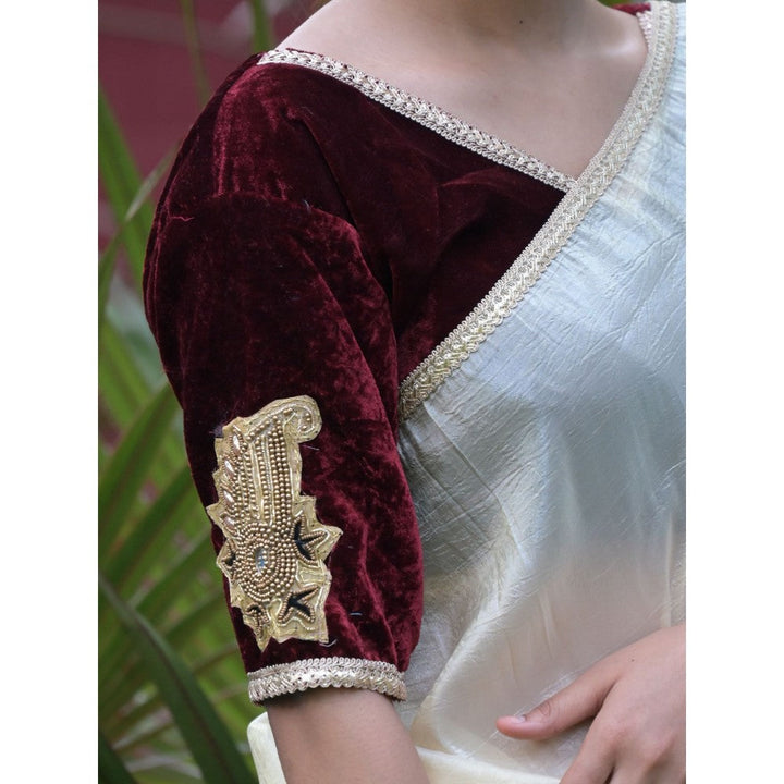 Odette Cream Lace Embroidered Crush Tissue Silk Saree with Unstitched Blouse