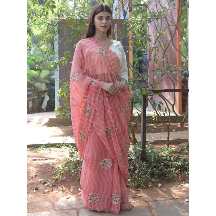 Odette Peach Embroidered Simmar Saree with Unstitched Blouse for Women