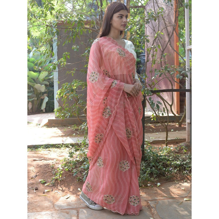 Odette Peach Embroidered Simmar Saree with Unstitched Blouse for Women