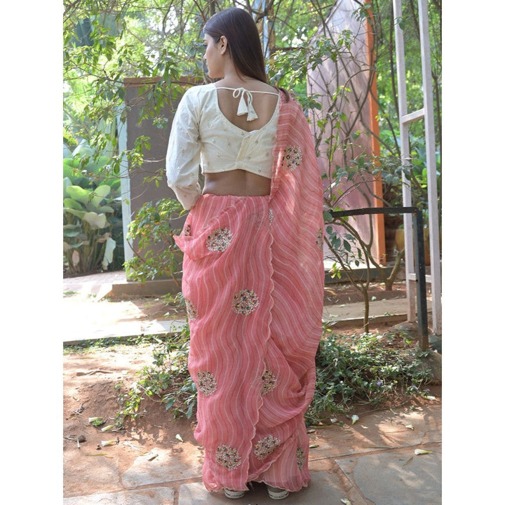 Odette Peach Embroidered Simmar Saree with Unstitched Blouse for Women