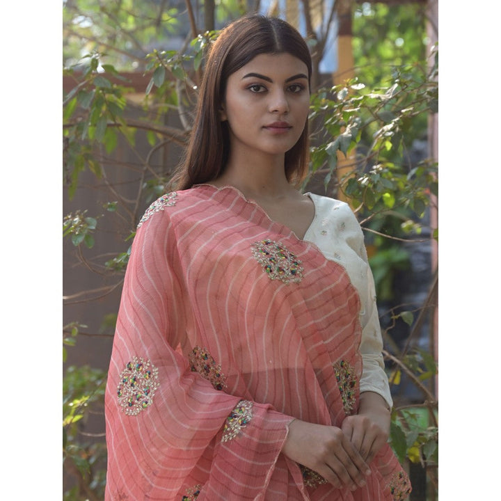 Odette Peach Embroidered Simmar Saree with Unstitched Blouse for Women