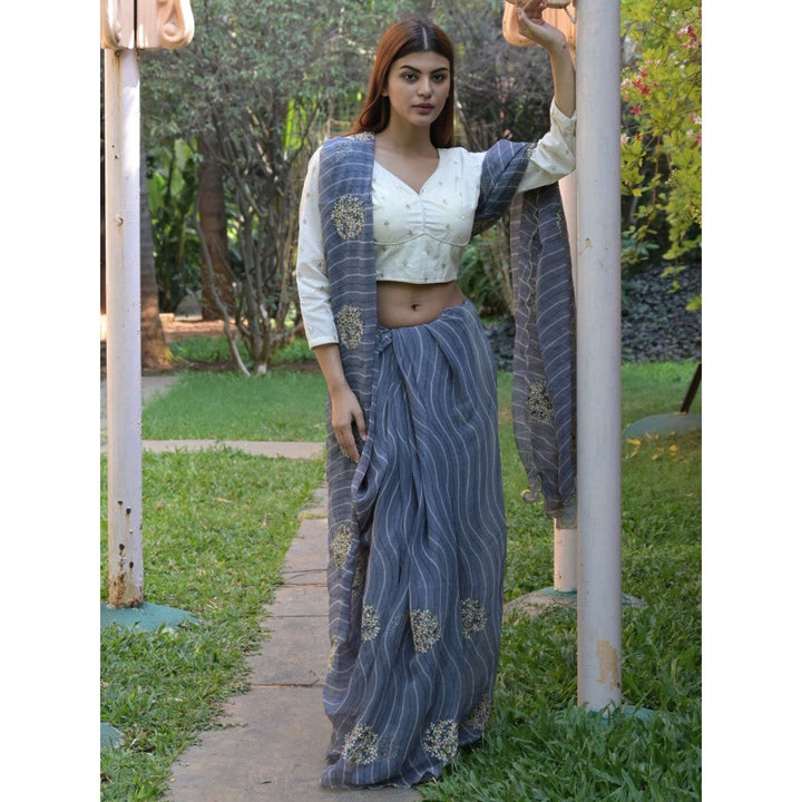 Odette Grey Embroidered Simmar Saree with Unstitched Blouse for Women