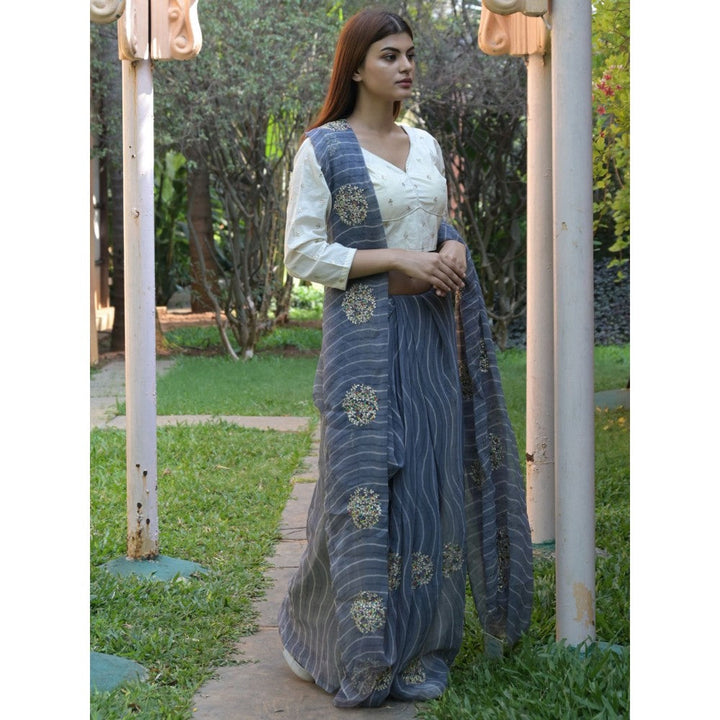 Odette Grey Embroidered Simmar Saree with Unstitched Blouse for Women