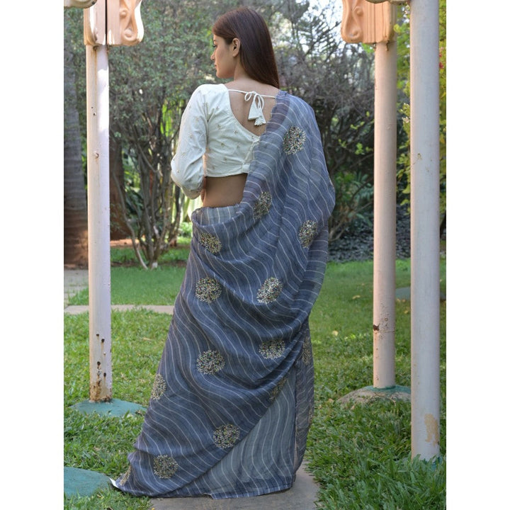 Odette Grey Embroidered Simmar Saree with Unstitched Blouse for Women