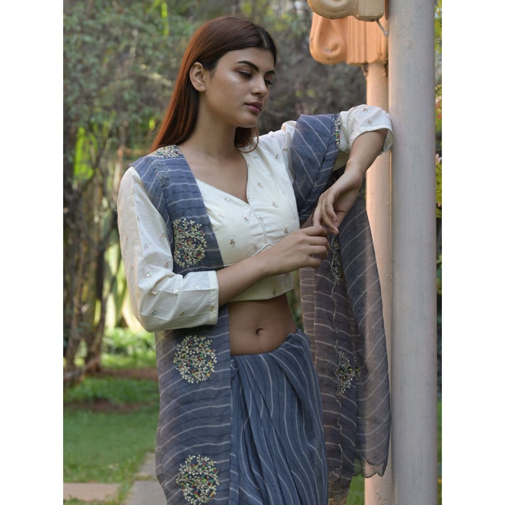 Odette Grey Embroidered Simmar Saree with Unstitched Blouse for Women