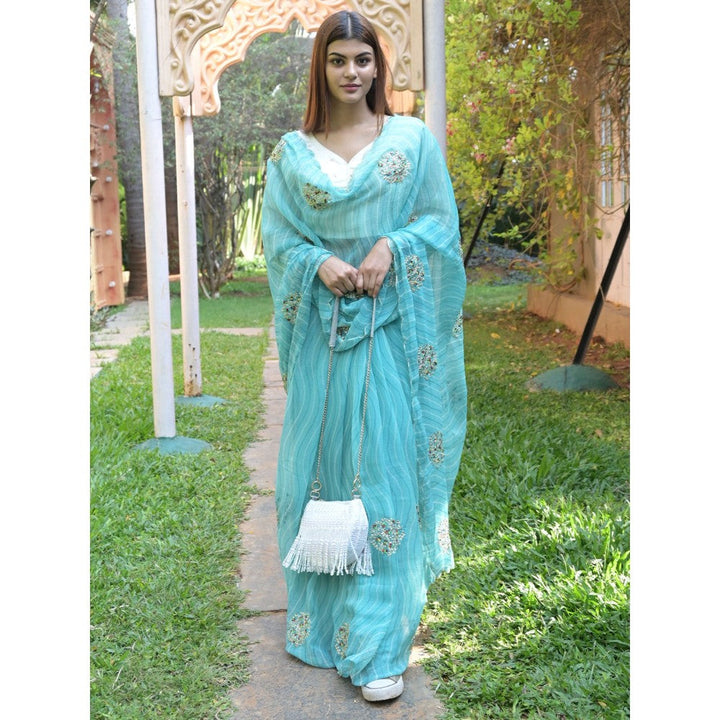 Odette Light Blue Embroidered Simmar Saree with Unstitched Blouse for Women