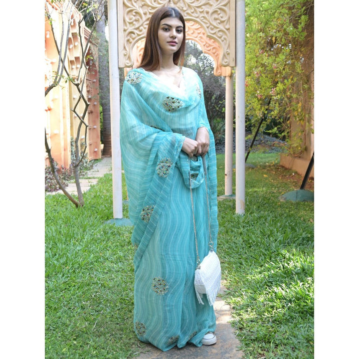 Odette Light Blue Embroidered Simmar Saree with Unstitched Blouse for Women