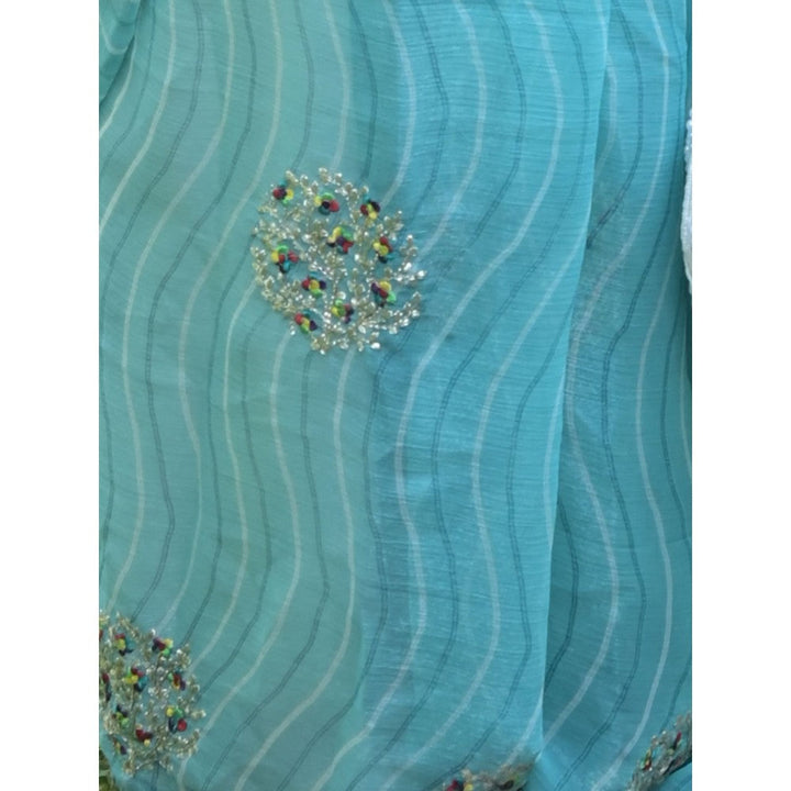 Odette Light Blue Embroidered Simmar Saree with Unstitched Blouse for Women