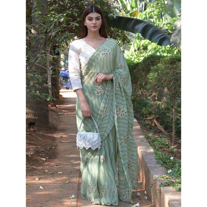 Odette Light Green Embroidered Simmar Saree with Unstitched Blouse for Women