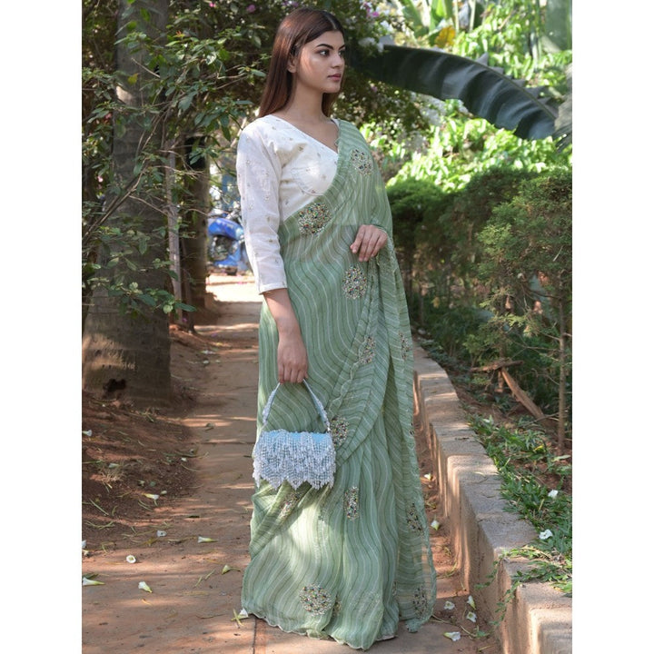 Odette Light Green Embroidered Simmar Saree with Unstitched Blouse for Women