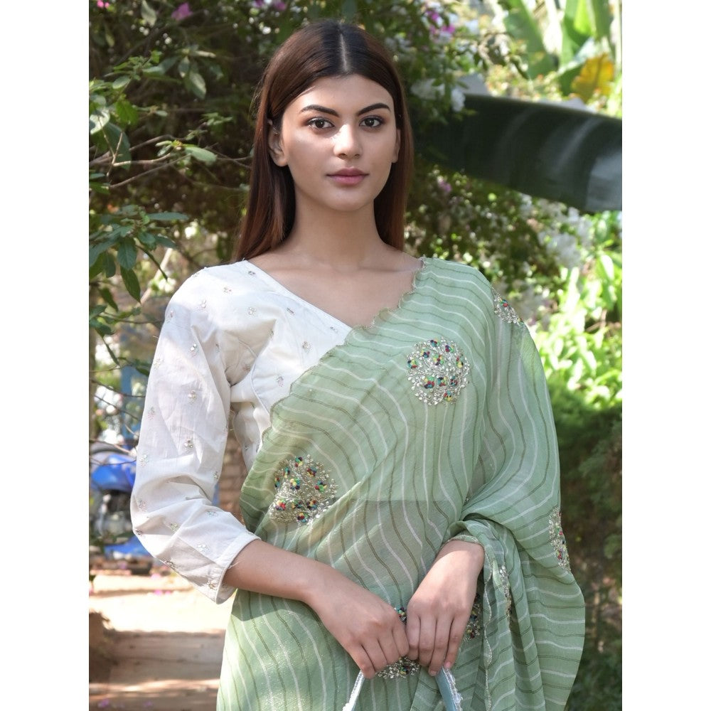 Odette Light Green Embroidered Simmar Saree with Unstitched Blouse for Women