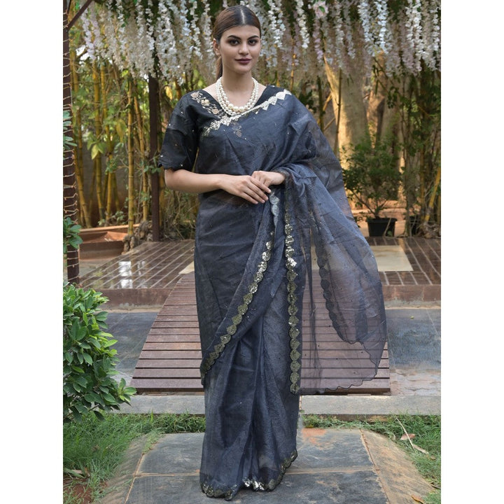 Odette Black Beads Embroidered Organza Saree with Unstitched Blouse for Women