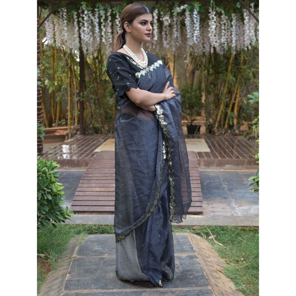 Odette Black Beads Embroidered Organza Saree with Unstitched Blouse for Women