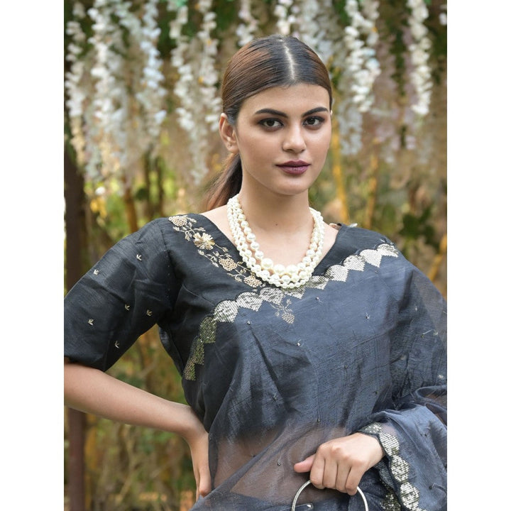 Odette Black Beads Embroidered Organza Saree with Unstitched Blouse for Women