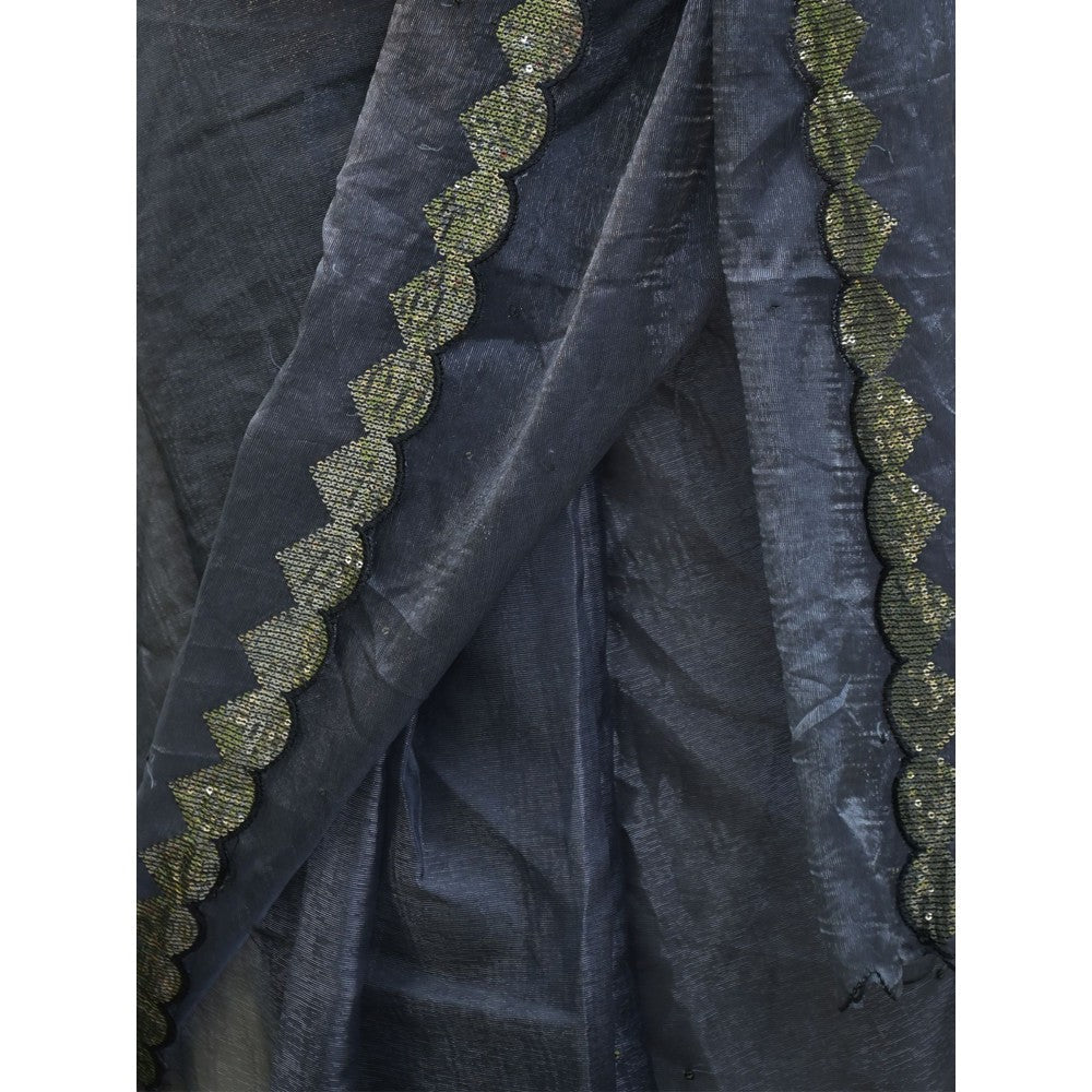 Odette Black Beads Embroidered Organza Saree with Unstitched Blouse for Women