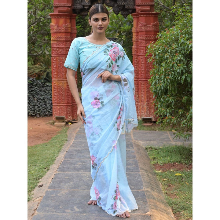 Odette Sea Blue Floral Embroidered Soft Organza Saree with Unstitched Blouse