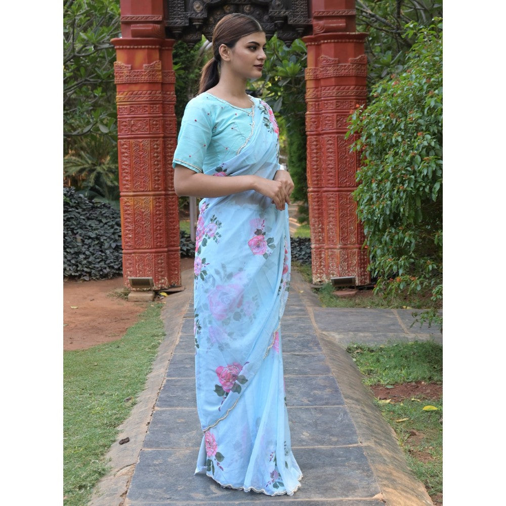 Odette Sea Blue Floral Embroidered Soft Organza Saree with Unstitched Blouse