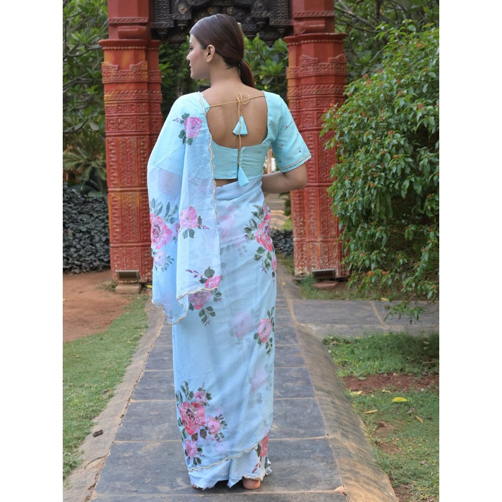 Odette Sea Blue Floral Embroidered Soft Organza Saree with Unstitched Blouse