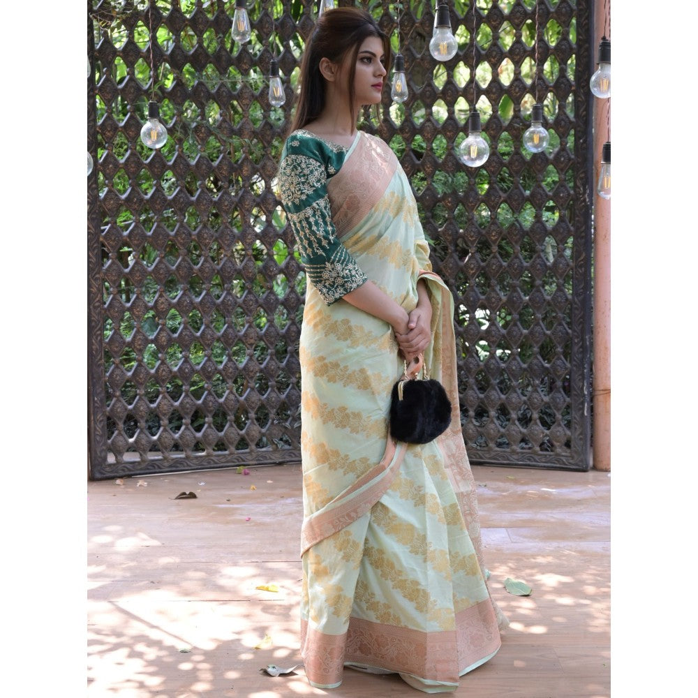 Odette Light Green Woven Soft Silk Saree with Unstitched Blouse for Women