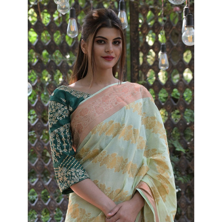 Odette Light Green Woven Soft Silk Saree with Unstitched Blouse for Women