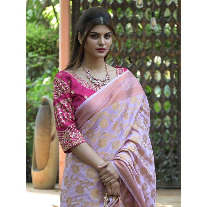 Odette Light Pink Woven Soft Silk Saree with Unstitched Blouse for Women