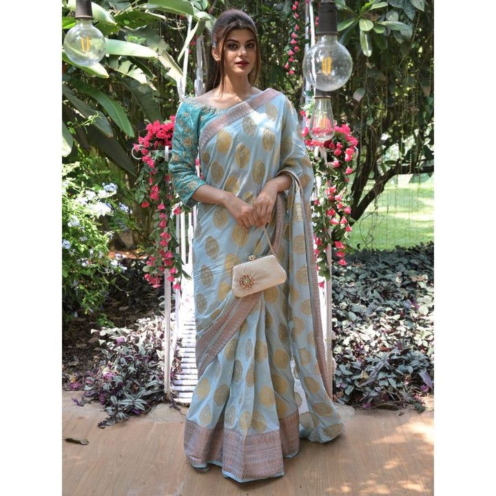 Odette Light Blue Woven Soft Silk Saree with Unstitched Blouse for Women