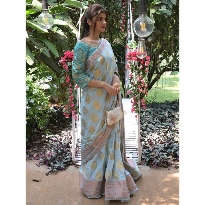 Odette Light Blue Woven Soft Silk Saree with Unstitched Blouse for Women