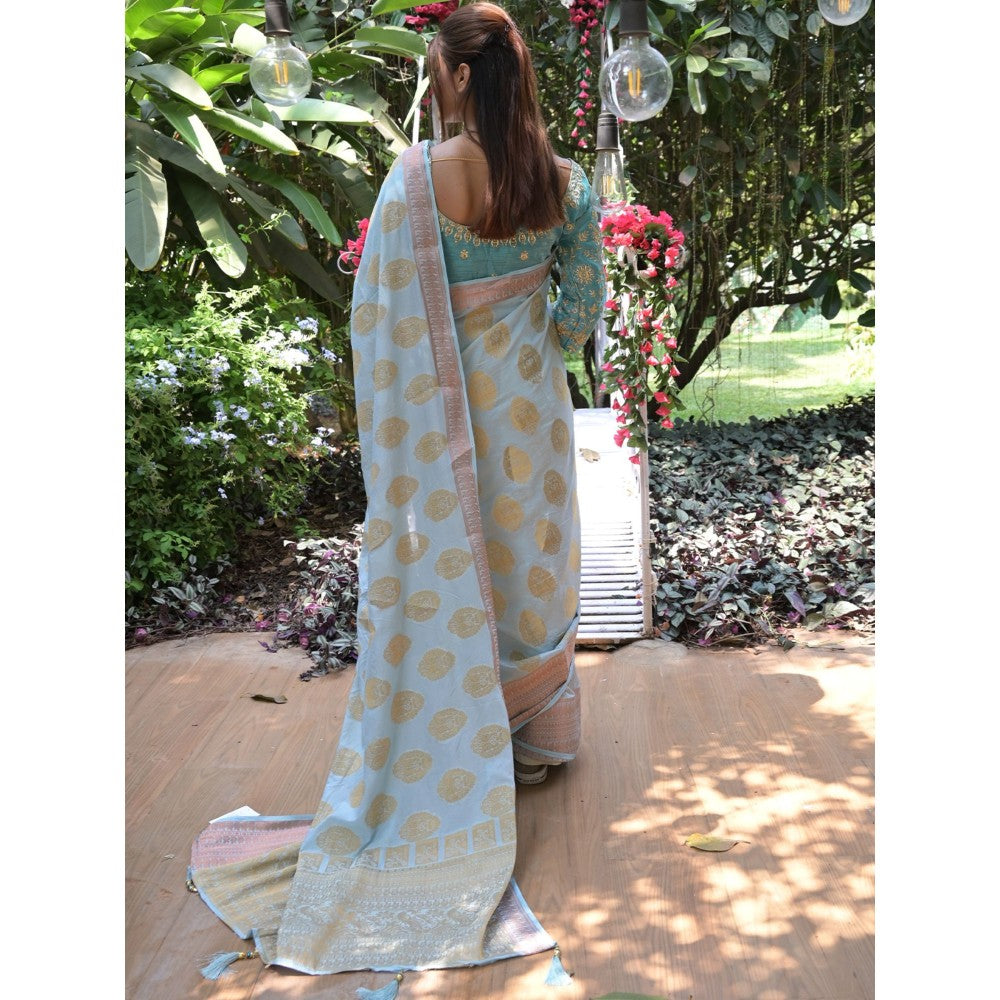 Odette Light Blue Woven Soft Silk Saree with Unstitched Blouse for Women