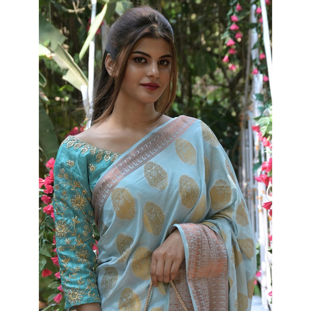 Odette Light Blue Woven Soft Silk Saree with Unstitched Blouse for Women