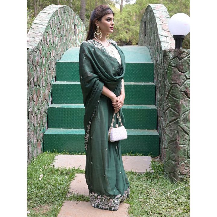 Odette Dark Green Embroidered Satin Georgette Saree with Unstitched Blouse for Women