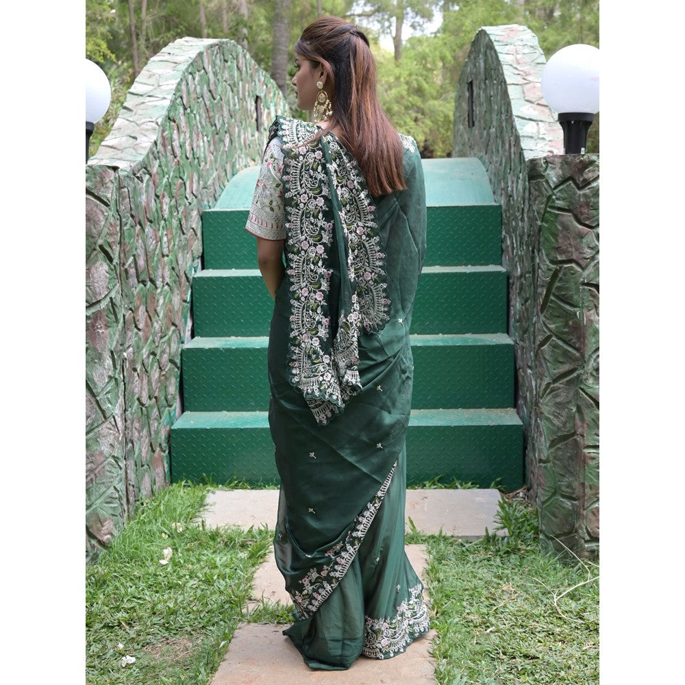 Odette Dark Green Embroidered Satin Georgette Saree with Unstitched Blouse for Women