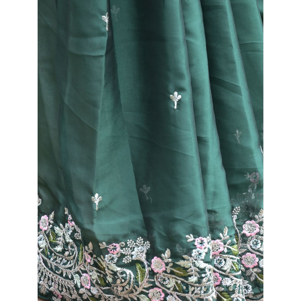 Odette Dark Green Embroidered Satin Georgette Saree with Unstitched Blouse for Women